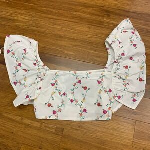 Zara Floral Crop Top Women Size Small Ruffle Sleeve Square Neck Blouse White NWT